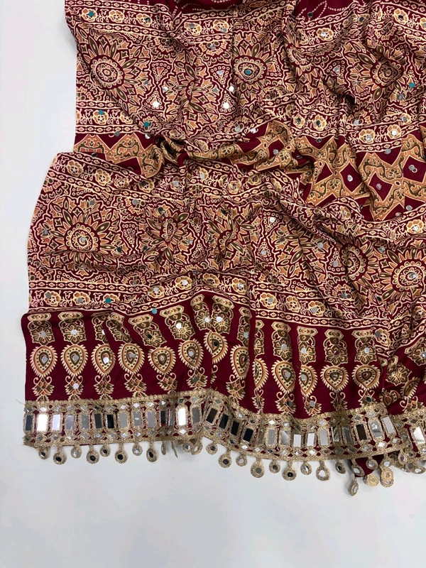 Pure Ajrakh Satin Viscose Silk Saree with Mirror Work - Red