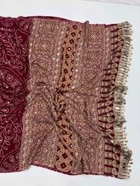 Pure Ajrakh Satin Viscose Silk Saree with Mirror Work - Red