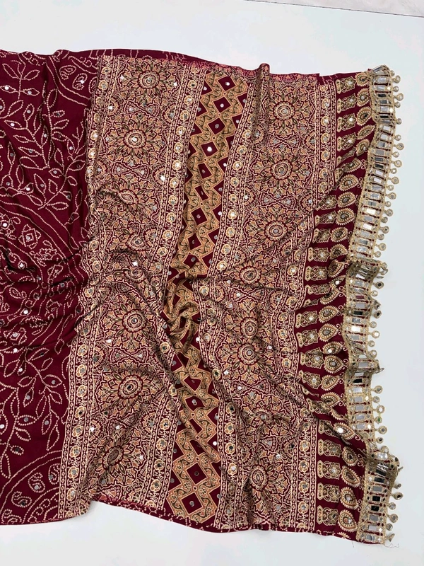 Pure Ajrakh Satin Viscose Silk Saree with Mirror Work - Red