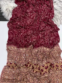 Pure Ajrakh Satin Viscose Silk Saree with Mirror Work - Red