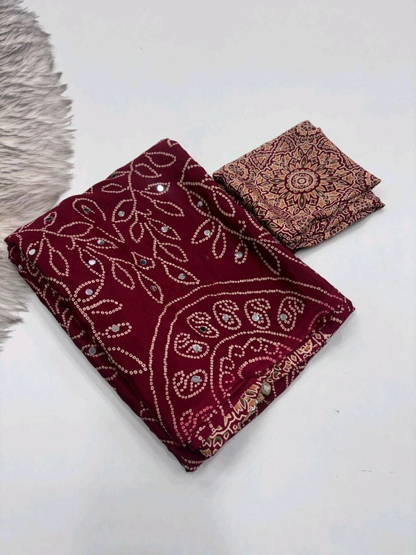 Pure Ajrakh Satin Viscose Silk Saree with Mirror Work - Red