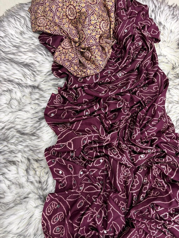 Pure Ajrakh Satin Viscose Silk Saree with Mirror Work - Maroon