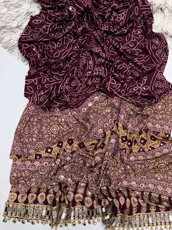Pure Ajrakh Satin Viscose Silk Saree with Mirror Work - Maroon
