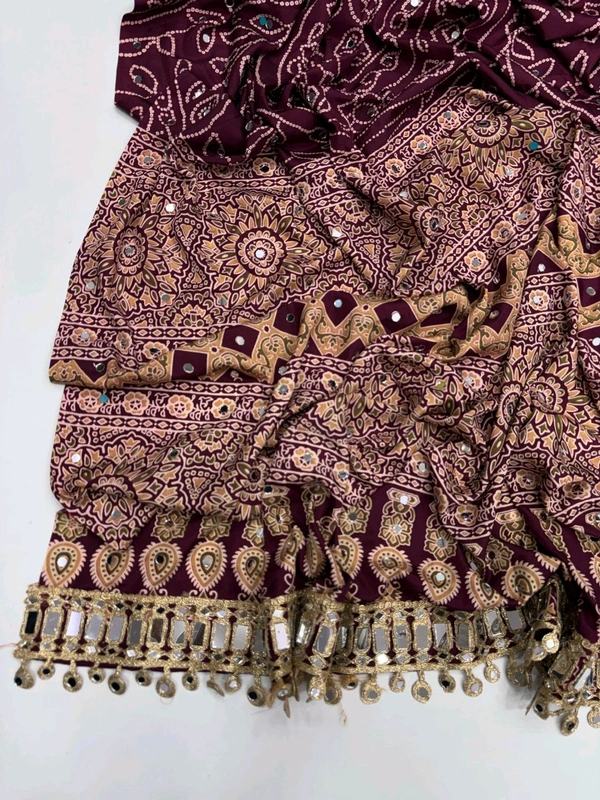 Pure Ajrakh Satin Viscose Silk Saree with Mirror Work - Maroon