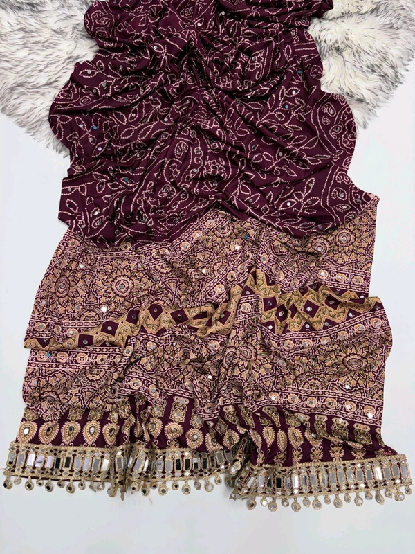 Pure Ajrakh Satin Viscose Silk Saree with Mirror Work - Maroon
