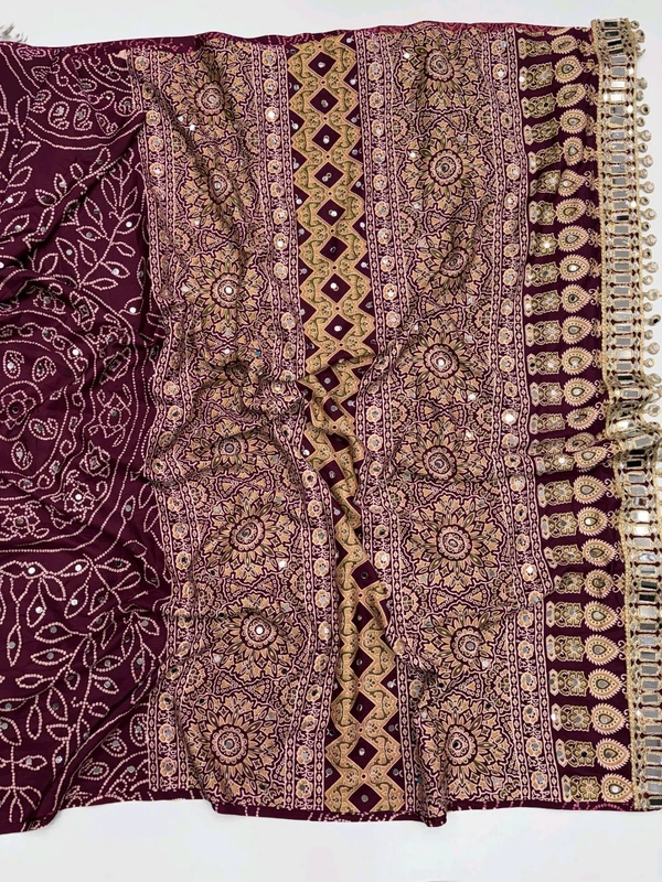Pure Ajrakh Satin Viscose Silk Saree with Mirror Work - Maroon