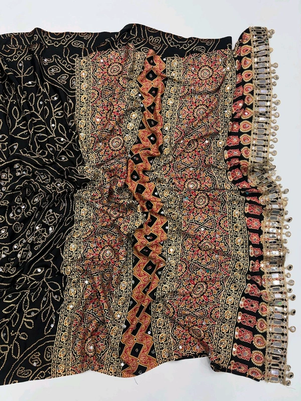 Pure Ajrakh Satin Viscose Silk Saree with Mirror Work - Black
