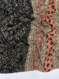 Pure Ajrakh Satin Viscose Silk Saree with Mirror Work - Black