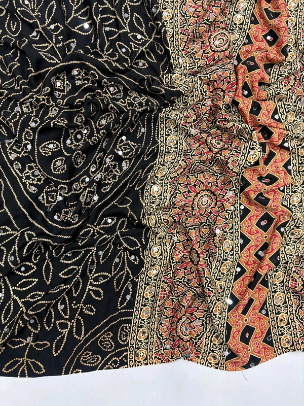 Pure Ajrakh Satin Viscose Silk Saree with Mirror Work - Black