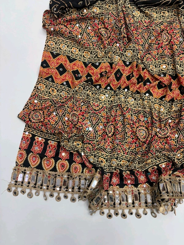 Pure Ajrakh Satin Viscose Silk Saree with Mirror Work - Black