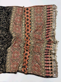 Pure Ajrakh Satin Viscose Silk Saree with Mirror Work - Black