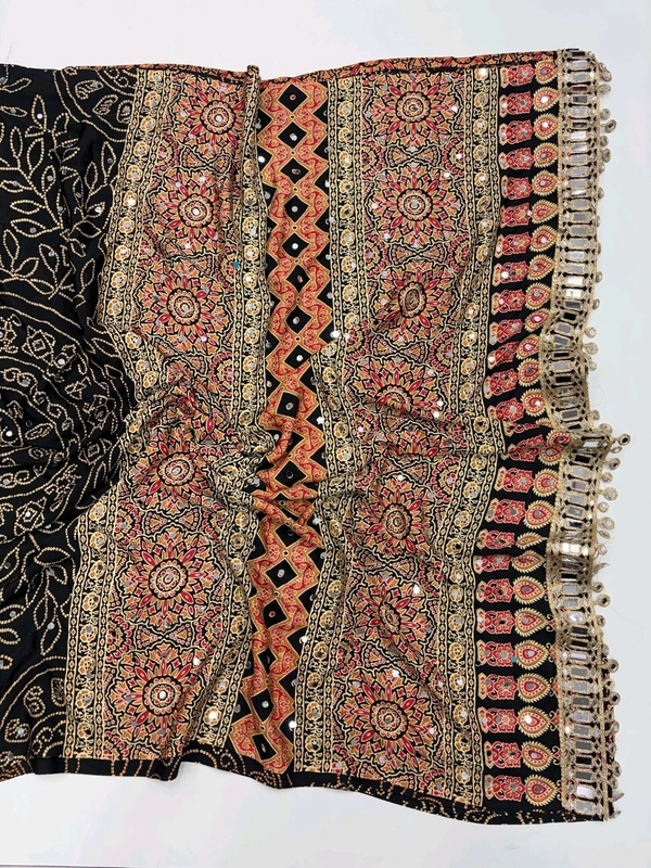 Pure Ajrakh Satin Viscose Silk Saree with Mirror Work - Black