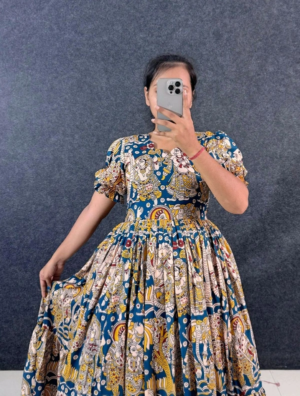 Akira - Kalamkari Soft Cotton Flared Maxi - L, Blue