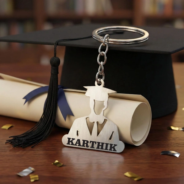 Personalised name metal graduate boy keychain