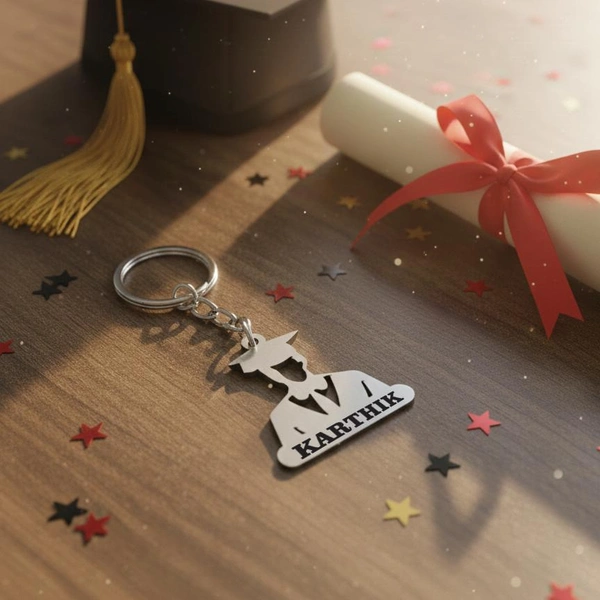 Personalised name metal graduate boy keychain