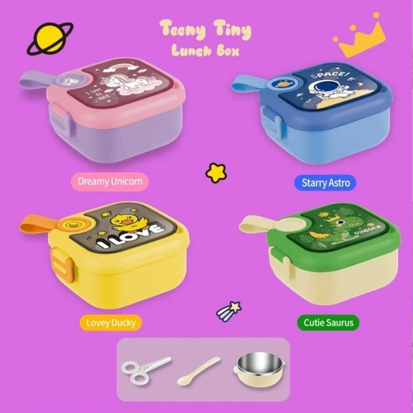 Teeny Tiny Kids Lunch Box with Spoon & Bowl - Leak-Resistant - 750 ml - Cutie Saurus