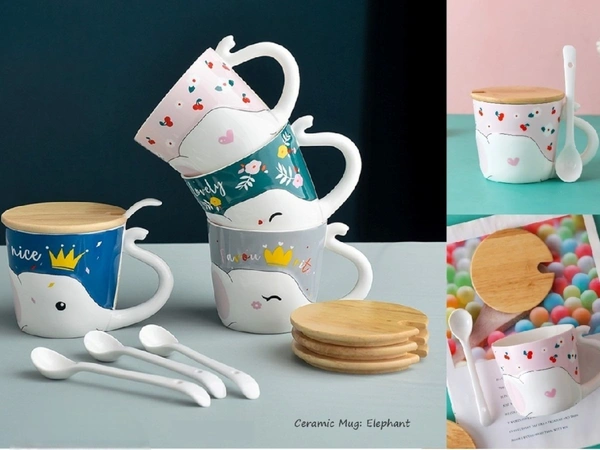 Elephant Themed Ceramic Mug with Lid & Spoon - 350ml (1 Piece, Random Design)