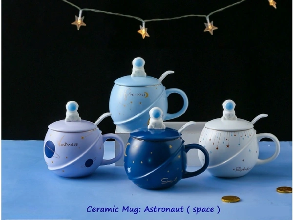 Space Astronaut Themed Ceramic Mug with Lid & Spoon - 400ml (1 Piece, Random Design)