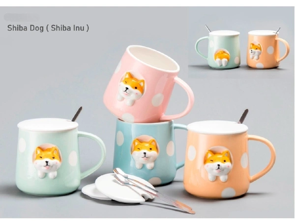 Shiba Dog Themed Ceramic Mug with Lid & Spoon - 350ml (1 Piece, Random Design)