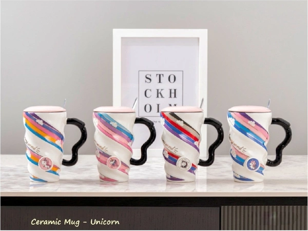Rainbow Swirl Unicorn Ceramic Mug with Slidable Lid - 450ml (1 Piece, Random Design)