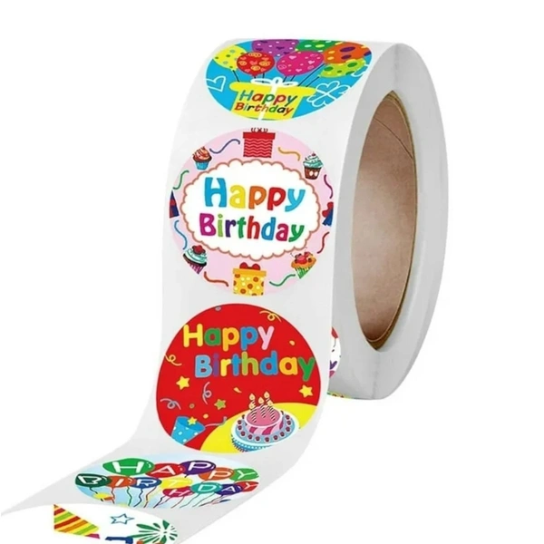 Happy Birthday Celebration Round Sticker Roll - Self-Adhesive Party Labels (500 stickers)