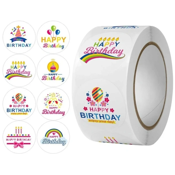 Happy Birthday Celebration Round Sticker Roll - Self-Adhesive Party Labels (500 stickers)