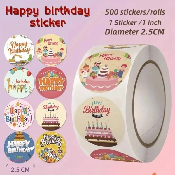 Happy Birthday Celebration Round Sticker Roll - Self-Adhesive Party Labels (500 stickers)