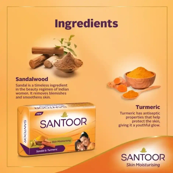 Santoor Skin Moisturizing Sandal and Turmeric Bathing Soap With Anti-Aging Properties - 125 g