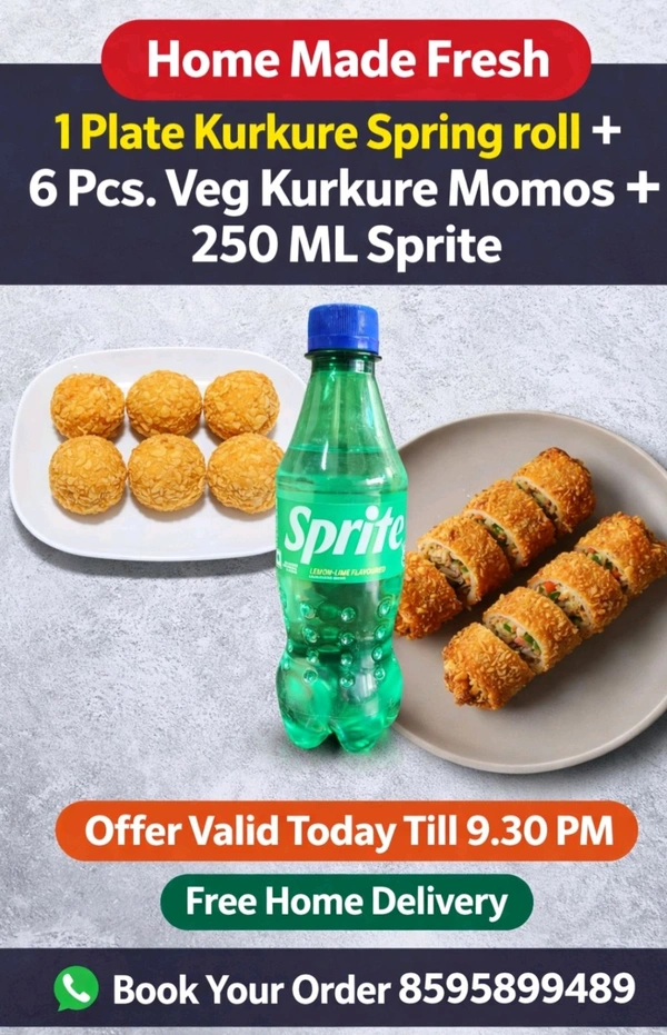 1Plate Kurkure 2 Spring roll  + 6Pcs. Veg Kurkure Momos + 250 ML Sprite