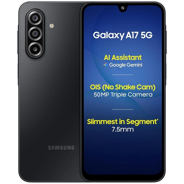 Samsung Galaxy A17 5G (Gray, 6GB RAM, 128GB Storage) | with Travel Adapter | 50 MP No Shake Camera | Gemini Live | Circle to Search | Super AMOLED | Corning Gorilla Glass Victus | 7.5mm Sleek | AI - Black
