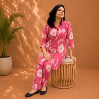 Bonclaire Women's Rose pink Botanical print Rayon Coord set - M-XXL, Rose Pink, 500g
