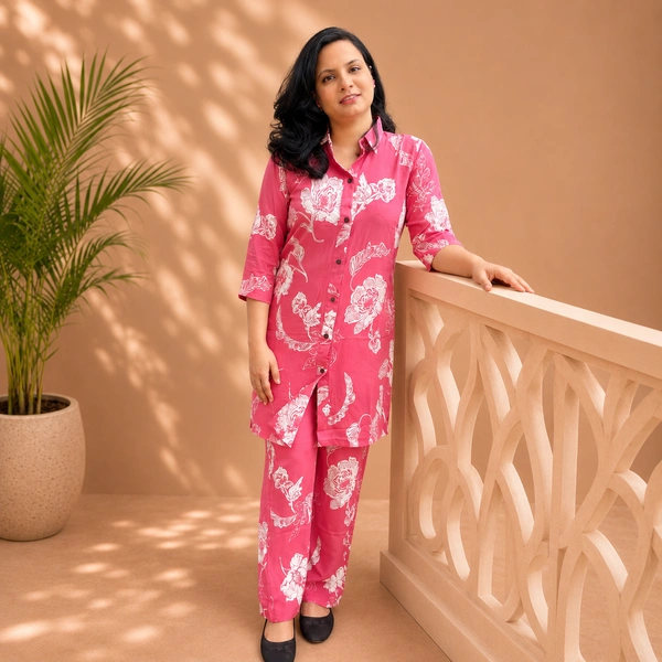 Bonclaire Women's Rose pink Botanical print Rayon Coord set - M-XXL, Rose Pink, 500g