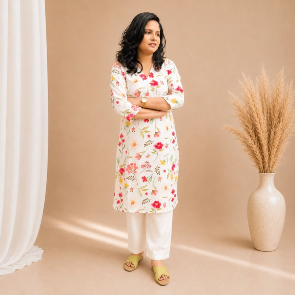 Bonclaire Women's white floral cotton kurta set - M-XXL, white, 500g