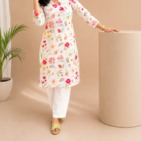 Bonclaire Women's white floral cotton kurta set - M-XXL, white, 500g