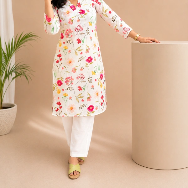 Bonclaire Women's white floral cotton kurta set - M-XXL, white, 500g