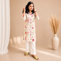 Bonclaire Women's white floral cotton kurta set - M-XXL, white, 500g