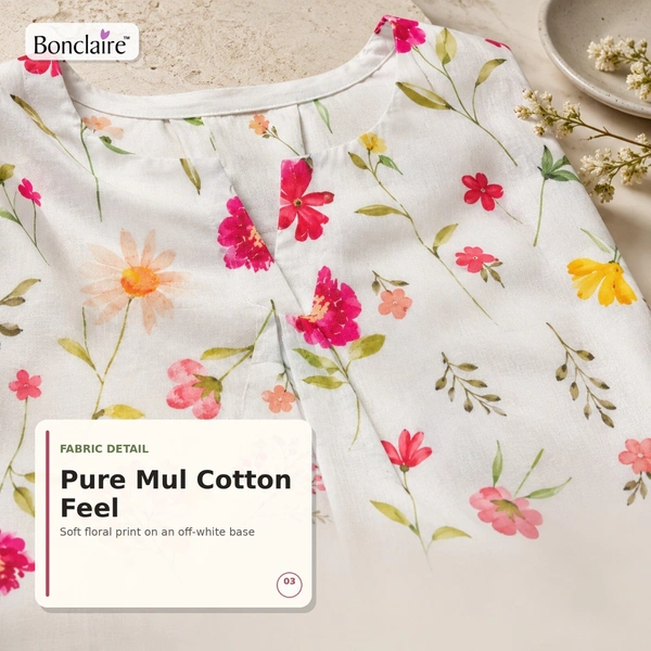 Bonclaire Women's white floral cotton kurta set - M-XXL, white, 500g