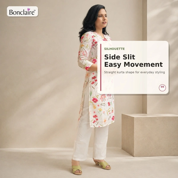Bonclaire Women's white floral cotton kurta set - M-XXL, white, 500g