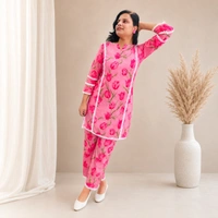 Bonclaire Women's Pink floral cotton kurta pant set - M-XXL, pink, 500g