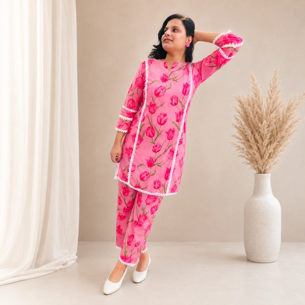 Bonclaire Women's Pink floral cotton kurta pant set - M-XXL, pink, 500g
