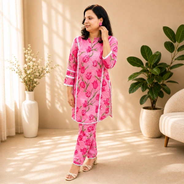 Bonclaire Women's Pink floral cotton kurta pant set - M-XXL, pink, 500g