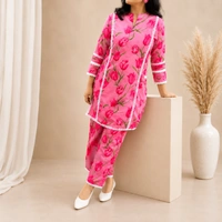 Bonclaire Women's Pink floral cotton kurta pant set - M-XXL, pink, 500g