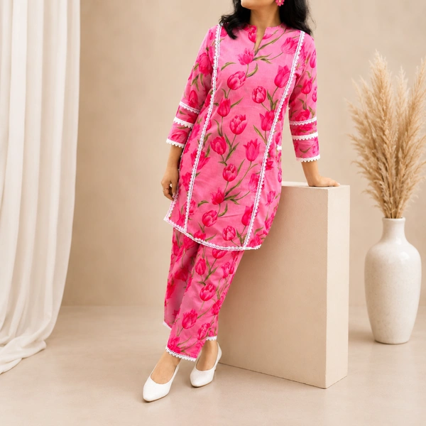 Bonclaire Women's Pink floral cotton kurta pant set - M-XXL, pink, 500g