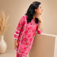 Bonclaire Women's Pink floral cotton kurta pant set - M-XXL, pink, 500g