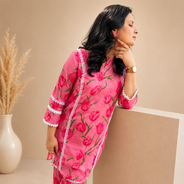 Bonclaire Women's Pink floral cotton kurta pant set - M-XXL, pink, 500g