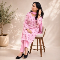 Bonclaire Women's Pink Floral Printed Hakoba Kurta with Lace Work, Pant and Dupatta 3-Piece Set - XL, Pink