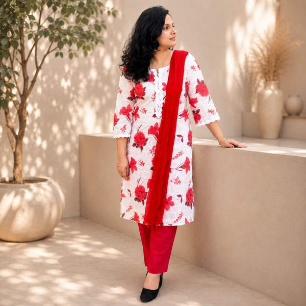 Bonclaire Women's White & Red Floral Printed Hakoba Kurta with Lace Work, Pant and Dupatta 3-Piece Set - XXL, Red