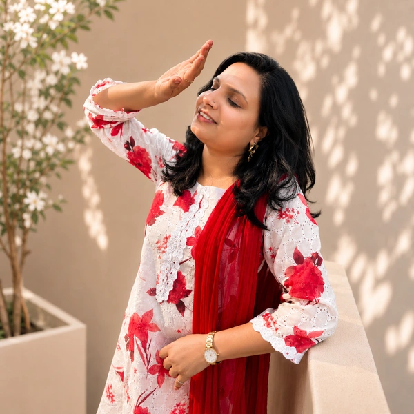 Bonclaire Women's White & Red Floral Printed Hakoba Kurta with Lace Work, Pant and Dupatta 3-Piece Set - L, Red