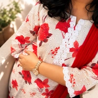 Bonclaire Women's White & Red Floral Printed Hakoba Kurta with Lace Work, Pant and Dupatta 3-Piece Set - M, Red