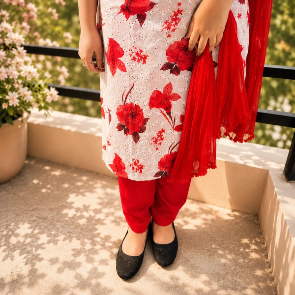 Bonclaire Women's White & Red Floral Printed Hakoba Kurta with Lace Work, Pant and Dupatta 3-Piece Set - XXL, Red